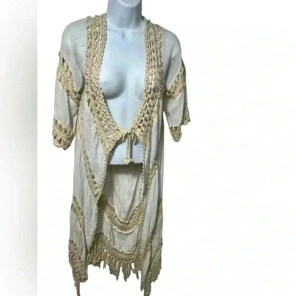 Dreamer Cream boho Swim Cover Duster Sz Large Tie Front - Picture 2 of 11